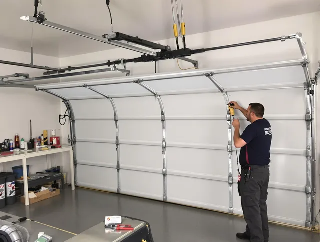 Lincoln Garage Door Repair certified technician performing overhead door system repair in Lincoln